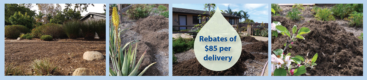 Photos of District gardens with mulch applied and the graphic text, Rebates of $80 per delivery.